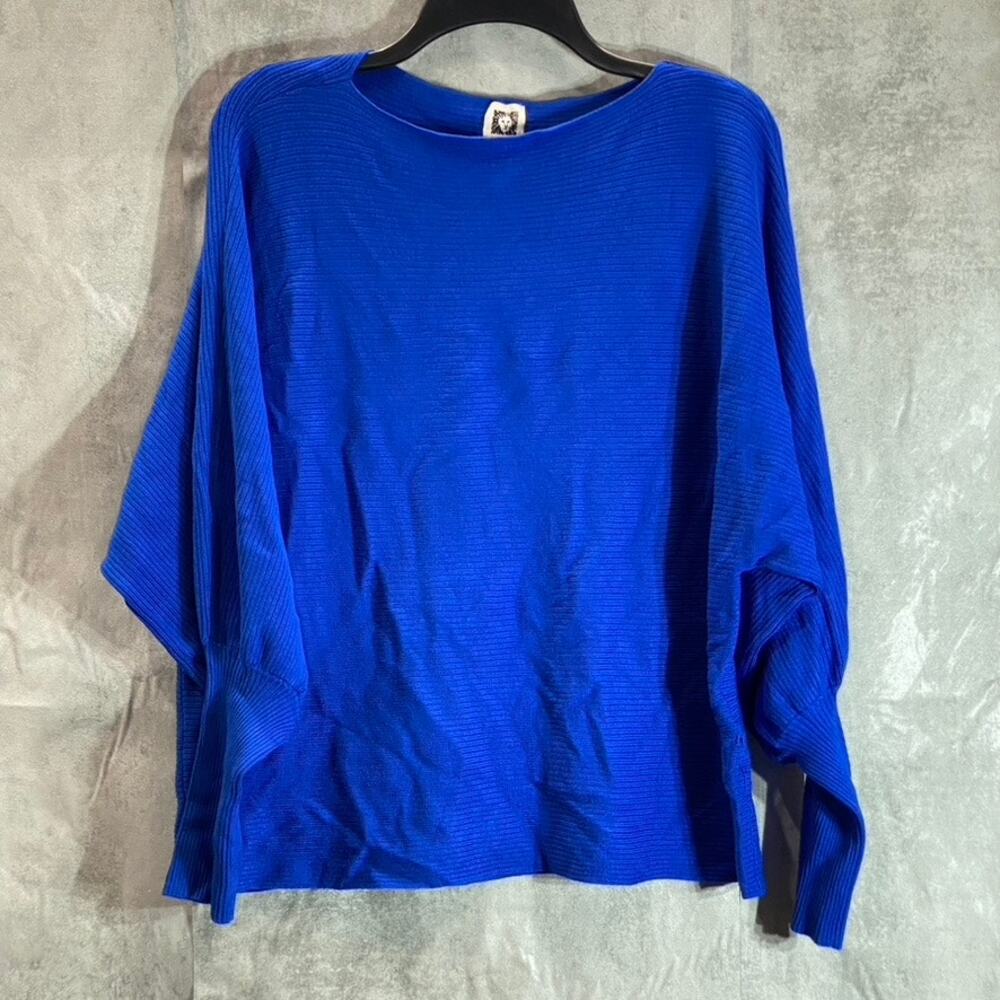 ANNE KLEIN Women's Blue Ottoman-Rib Bateau Neck Dolman Sleeve Pullover Sweater